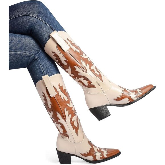 Women's Caramel/Ivory Claremont' Sexy Cowboy Boots Mid Calf Knee-high Patchwork - Picture 2 of 8